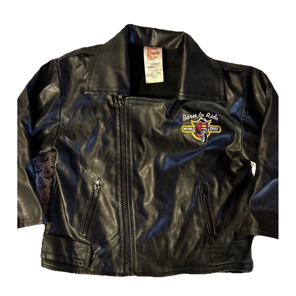 Park Bench Kids Black Faux Leather Bomber Jacket “Born To Ride” Motorcycle 4T